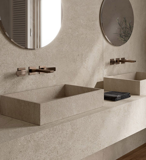 Inalco Large Format Luxury Porcelain Tile wash basins on a fabricated wall mounted bench