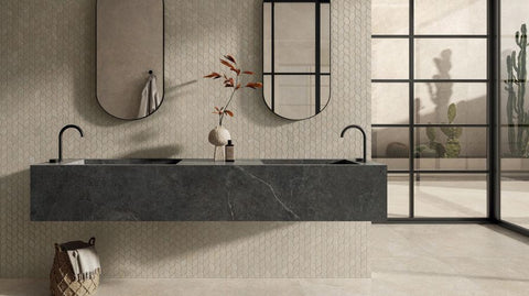 Italgraniti premium limestone tiles in an open modern sink unit 