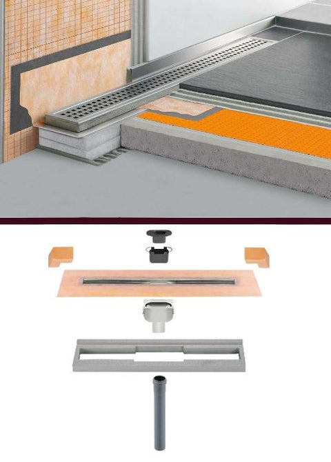 Diagram and in situ Schluter KERDI LINE V DN 50 - Vertical Linear Drain with Odour Trap